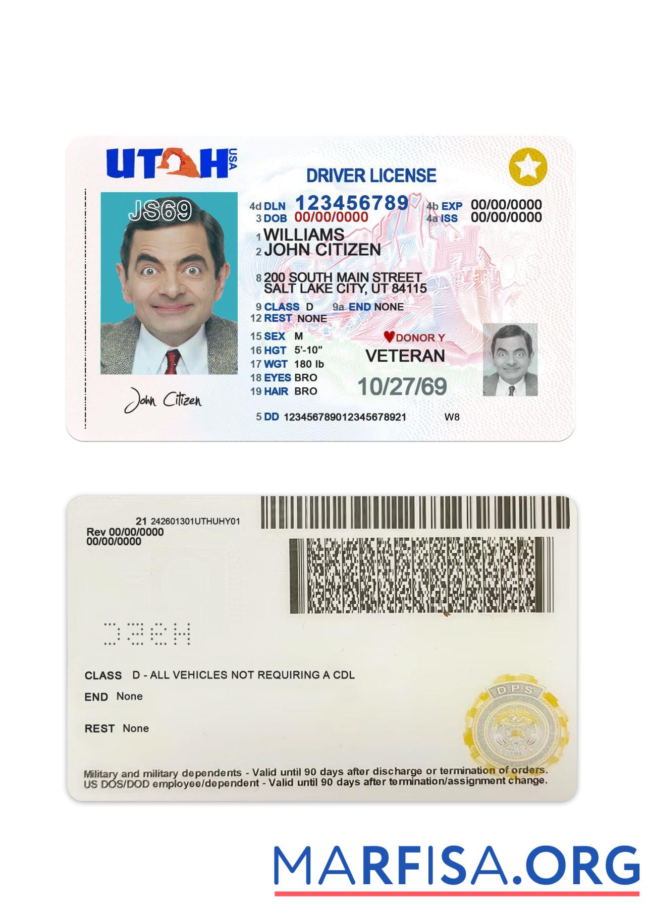 Downloadable USA Utah driving license 2021 present version 2 download for verification